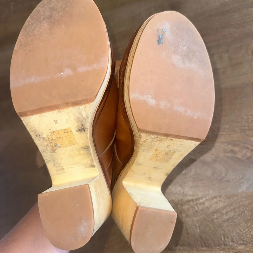 Brown Leather Mules with Chunky Wooden Heel - Picture 5 of 7